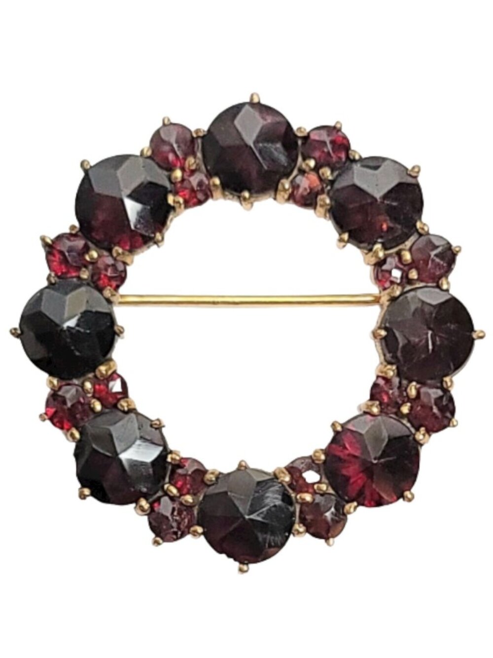 Gold Tone Rose Cut Garnet Round Open Circular  Brooch Pin